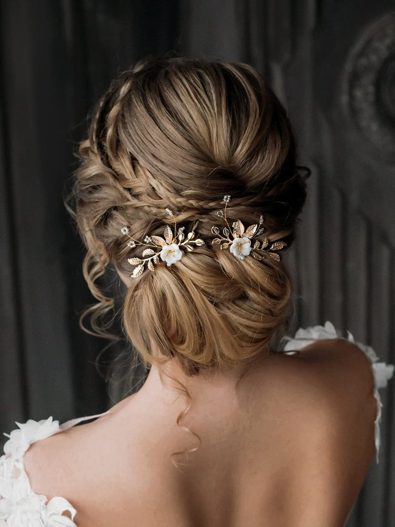 SWEETV 2Pcs Bridal Hair Accessories,Gold Wedding Hair Pins Pieces With White Flowers for Brides - Image 2